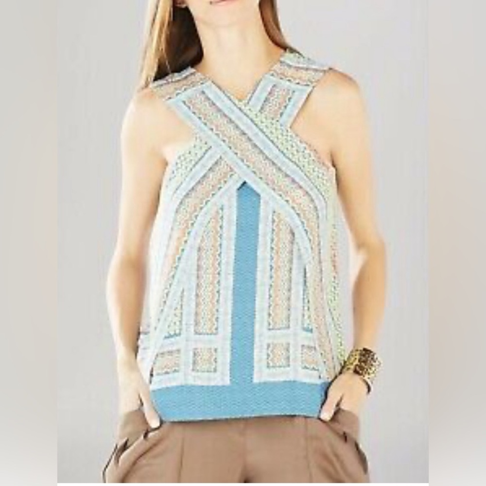 BCBG MaxAzria blue/orange criss cross tiered front sleeveless blouse